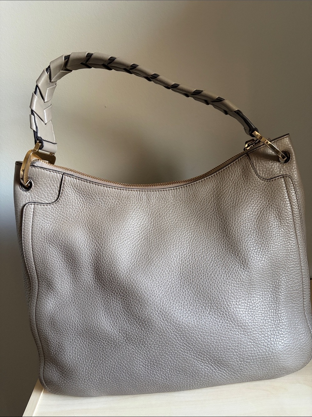 Furla Pebbled Leather Hobo in Taupe with Braided Handle